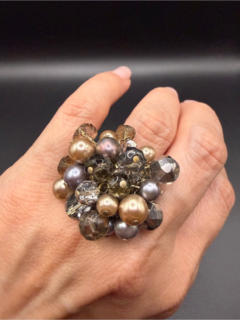 Cluster Faux Pearl and Faceted Bead Statement Ring - Gold and Gray